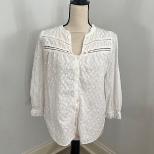 Long‎ Sleeve Romantic Blouse XS White Swiss Dot Crochet Trim Ruffled Collar Boho